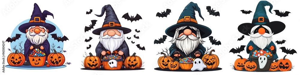 Charming Halloween gnomes with pumpkins, ghosts, and bats. Perfect for festive decorations or seasonal celebrations. Charming Halloween gnomes with pumpkins, ghosts, and bats. Perfect for festive decorations or seasonal celebrations.