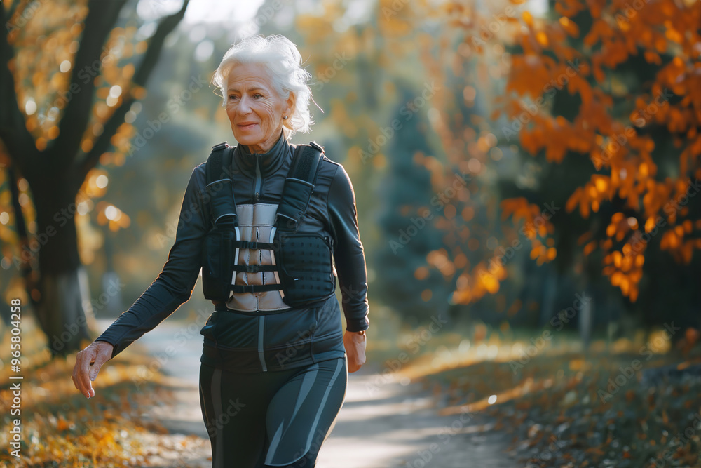 Senior woman using a back brace, walking confidently, feeling supported and pain-free Senior woman using a back brace, walking confidently, feeling supported and pain-free