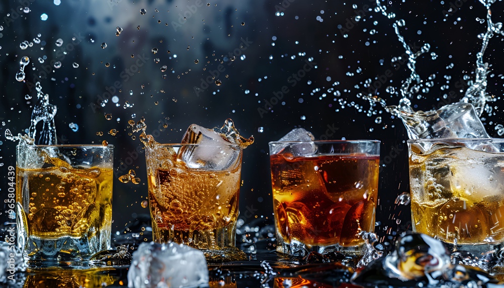 Alcohol in glasses with ice. Strong alcoholic drinks background Alcohol in glasses with ice. Strong alcoholic drinks background