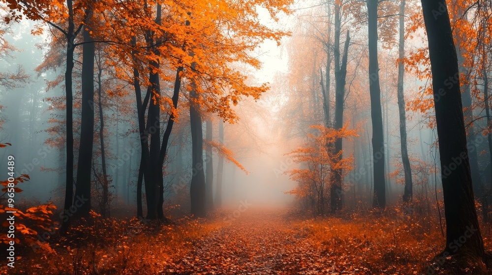 Fototapeta premium Misty autumn forest with trees wrapped in morning fog, leaves shining in soft light.