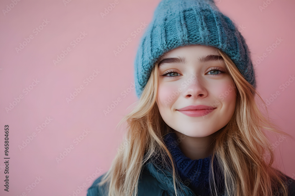 Jeune fille souriant portant un bonnet bleu, sur fond rose Jeune fille souriant portant un bonnet bleu, sur fond rose
