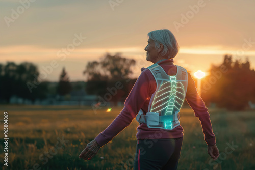 Senior woman using a back brace, walking confidently, feeling supported and pain-free photo