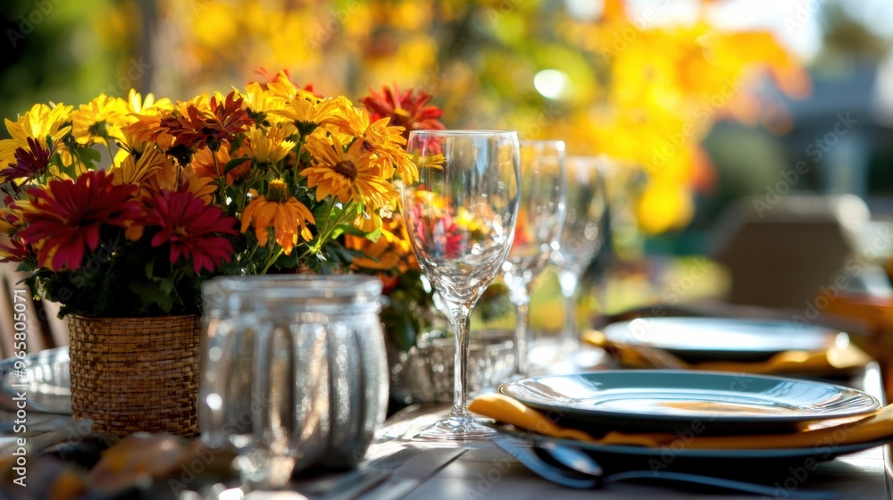 A table set with a vase of flowers and wine glasses A table set with a vase of flowers and wine glasses