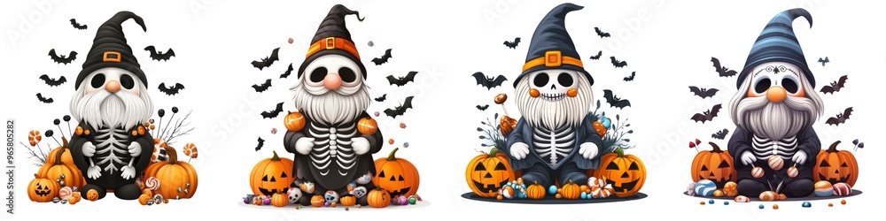 Four whimsical skeletons in costumes surrounded by pumpkins and bats, perfect for autumn and Halloween celebrations. Four whimsical skeletons in costumes surrounded by pumpkins and bats, perfect for autumn and Halloween celebrations.