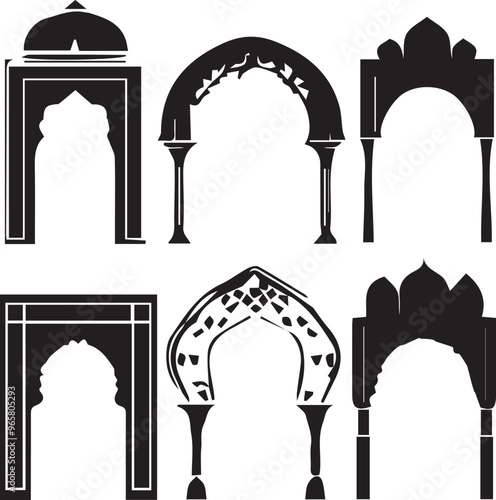 Ornate Silhouette Archways: Vector Graphics of Middle Eastern Architectural Designs for Islamic Art, Decoration, and Cultural Heritage Projects