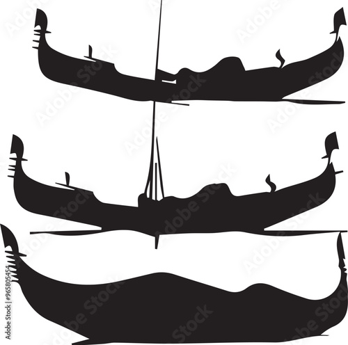 Black Silhouette Illustration of Venetian Gondolas: Traditional Boats of Venice Italy, Canal Transportation, Artistic Vector Graphic