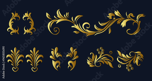 set of decorative golden floral ornaments for textile and home decoration , vector illustration design.