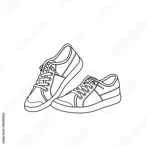 Technical sketch drawing of low-top sneaker classic casual sneakers. Suitable for your custom sneakers design. Outline vector doodle illustration, front and side view isolated on white background