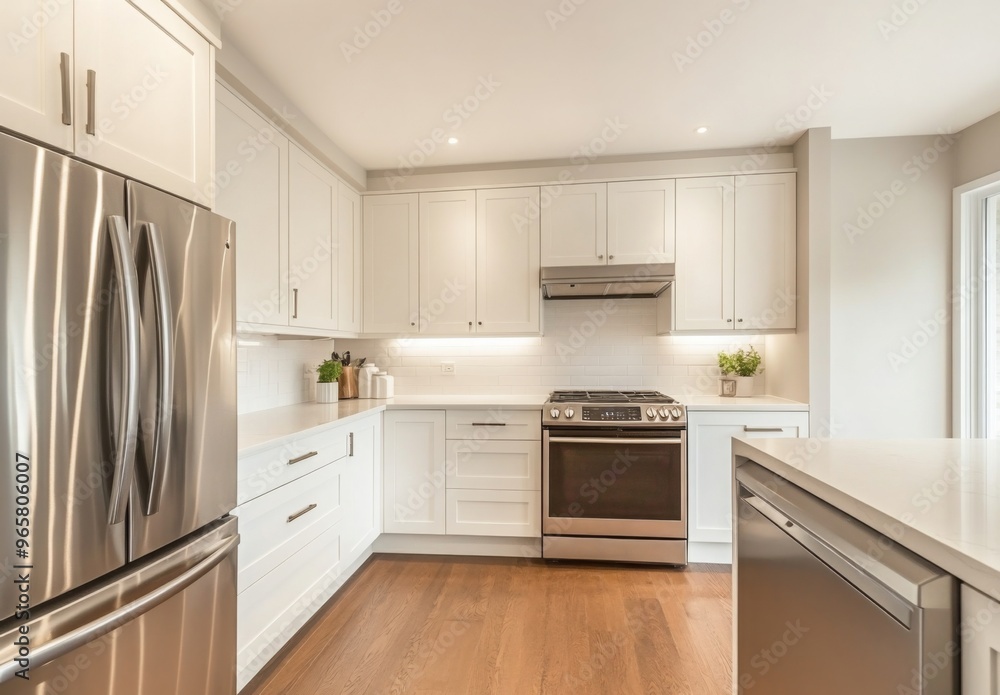 Fototapeta premium Minimalist kitchen with clean lines, white cabinets, and stainless steel appliances, creating a spacious look