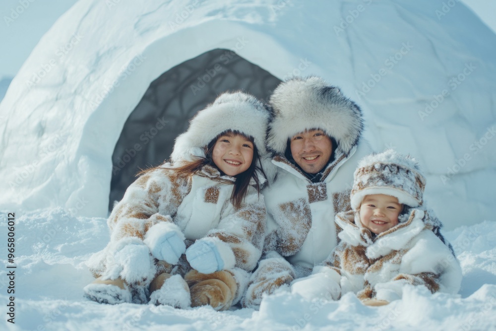 Eskimo or Inuit Family Dressed in Traditional Arctic Clothing Poses Near Their Snowy Home Igloo Eskimo or Inuit Family Dressed in Traditional Arctic Clothing Poses Near Their Snowy Home Igloo