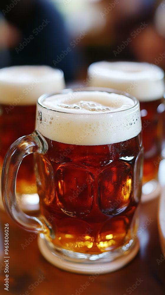 Traditional Oktoberfest Steins with Frothy Beer on Festive Table Traditional Oktoberfest Steins with Frothy Beer on Festive Table