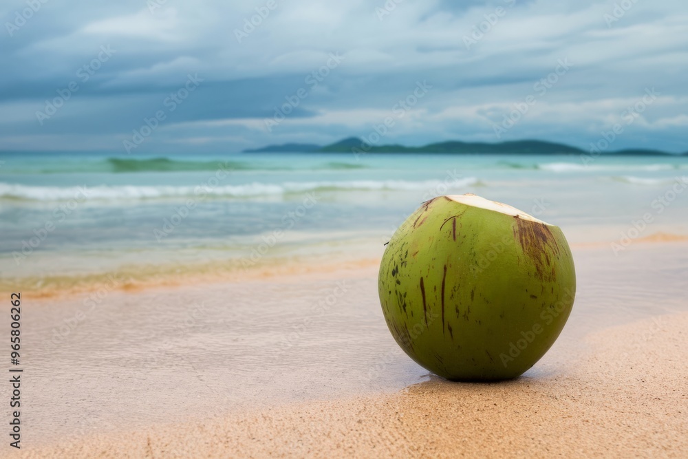 Coconut on the beach sand, sea in the background, vacation and summer concept. Coconut on the beach sand, sea in the background, vacation and summer concept.