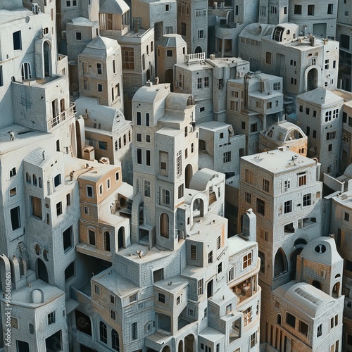 A surreal cityscape with buildings stacked upon each other, creating a complex and intriguing maze.