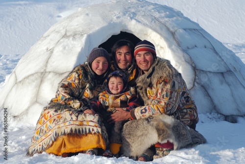 Eskimo or Inuit Family Dressed in Traditional Arctic Clothing Poses Near Their Snowy Home Igloo