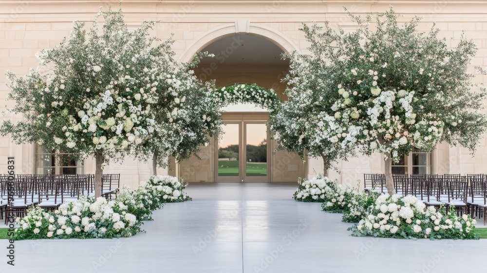 Fototapeta premium A minimalist floral installation enhances a wedding ceremony space, featuring sunlight illuminating white flowers on plinths near a beautifully arched window