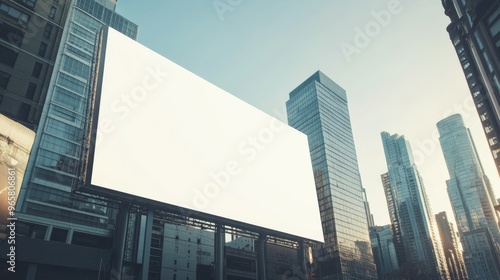 Billboard background featuring a large, blank white canvas with a clean, clear sky overhead, set against a cityscape with high-rise buildings.