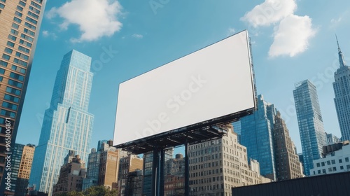 Billboard background featuring a large, blank white canvas with a clean, clear sky overhead, set against a cityscape with high-rise buildings.