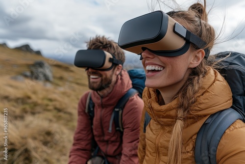 Two individuals, equipped with VR headsets, take a restful pause during a rugged outdoor hike, blending the excitement of nature with virtual reality, indicating a modern twist on traditional adventu photo