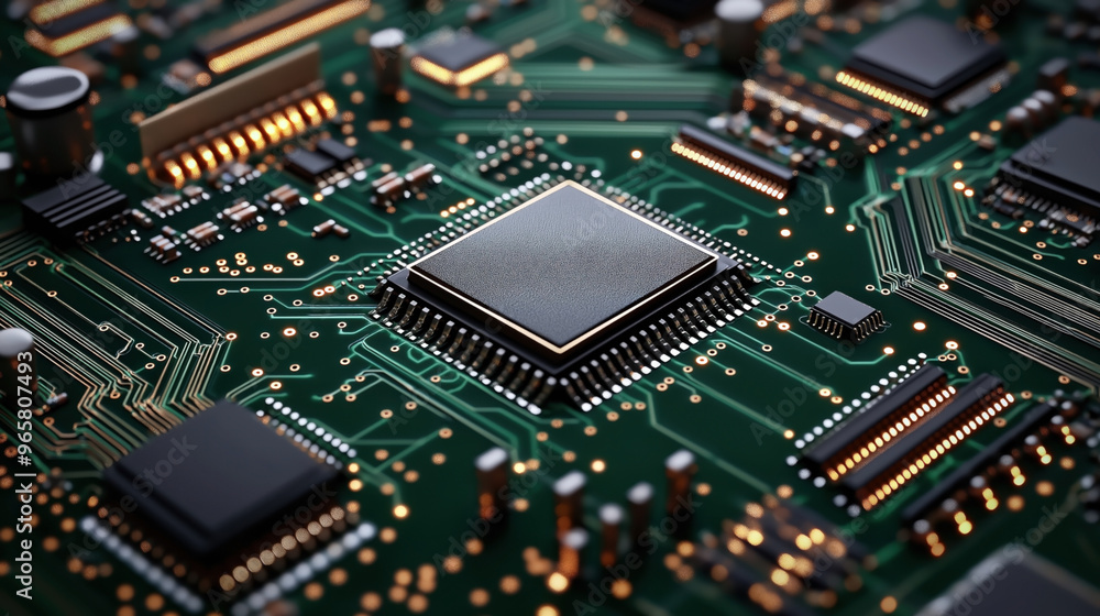 Close-up of a green printed circuit board with various electronic components, including a central black rectangular chip and surrounding integrated circuits. Close-up of a green printed circuit board with various electronic components, including a central black rectangular chip and surrounding integrated circuits.
