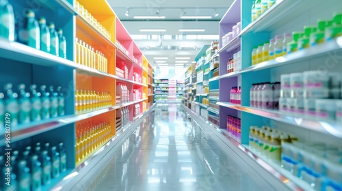 Vibrant supermarket aisle with colorful product displays photo