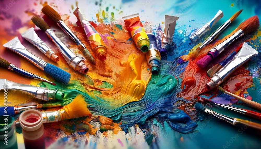 wild landscape of swirling colors, scattered brushes, and vivid paint tubes in an untamed display of creative frenzy wild landscape of swirling colors, scattered brushes, and vivid paint tubes in an untamed display of creative frenzy