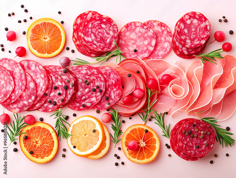 Sliced Salami Banner Copy Space, Cold Cuts Meat Sausages, Bold Vibrant Red and White Illustration Design Sliced Salami Banner Copy Space, Cold Cuts Meat Sausages, Bold Vibrant Red and White Illustration Design