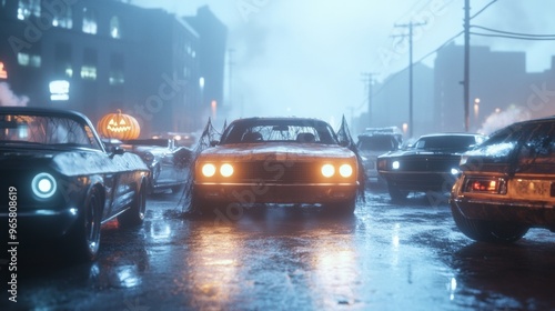 A Halloween car show in an old industrial district rusted cars with eerie glowing eyes