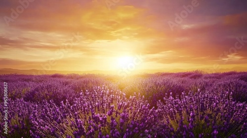 Beautiful lavender field stretching into the horizon, with purple blossoms glowing under a golden sunset