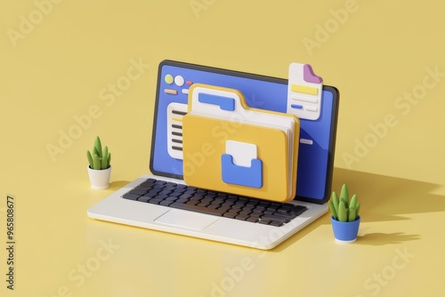 File folder on laptop screen, data storage concept, yellow background.
