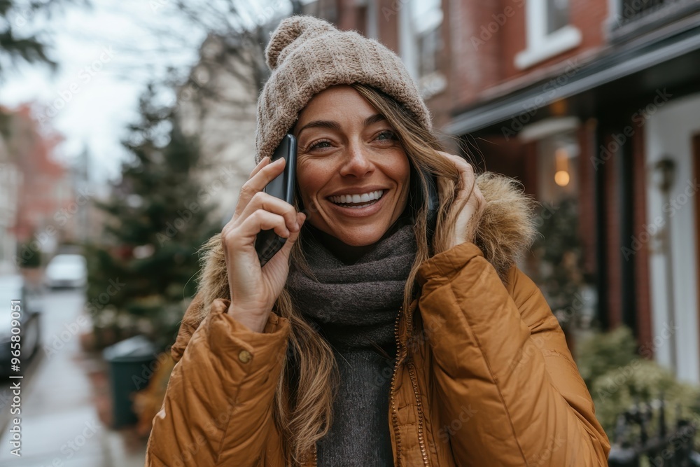 A young woman in a beanie and thick coat smiles broadly while talking on her phone, standing on a residential city street with trees and townhouses behind her. A young woman in a beanie and thick coat smiles broadly while talking on her phone, standing on a residential city street with trees and townhouses behind her.