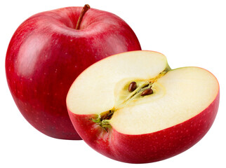 Red apple isolated png. Whole apple and a half on transparent background. PNG format. Red apples with no background. Full depth of field.