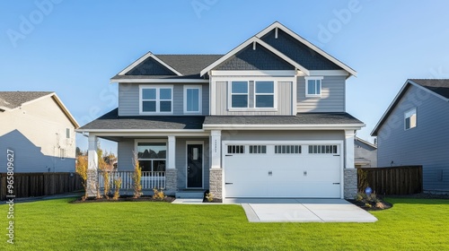 Newly built suburban homes with front lawns