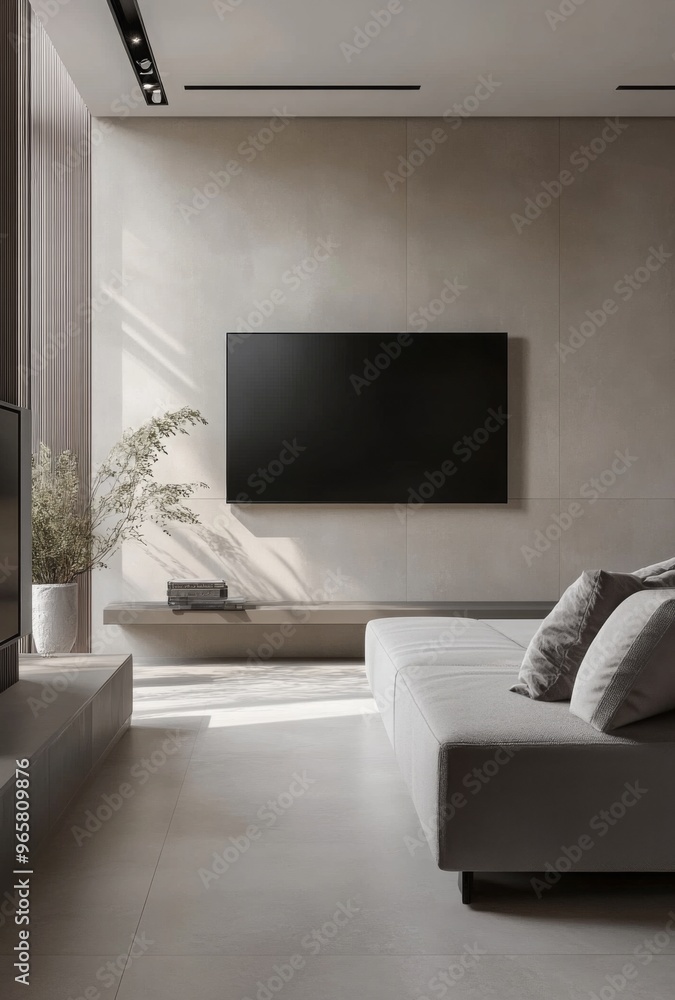 Minimalist media room with a sleek sofa, wall-mounted TV, and minimal decor for a clean aesthetic Minimalist media room with a sleek sofa, wall-mounted TV, and minimal decor for a clean aesthetic