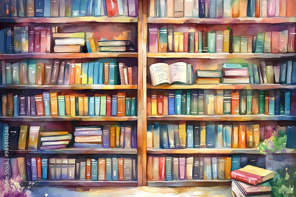 A colorful bookshelf filled with various books, inviting exploration and learning. A colorful bookshelf filled with various books, inviting exploration and learning.