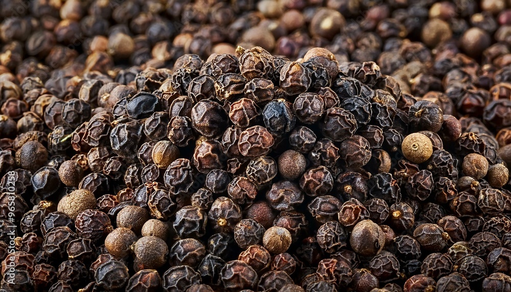 A close-up shot of a pile of black peppercorns. The peppercorns are arranged in a random pattern.