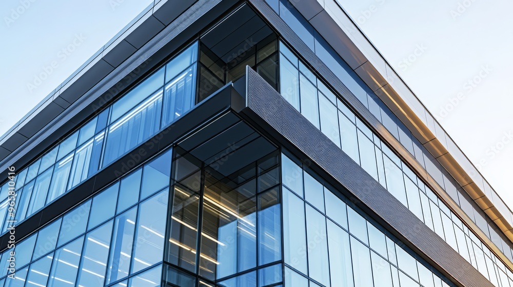 Stylish office building with a blend of glass and metal surfaces, showcasing a modern architectural design. Stylish office building with a blend of glass and metal surfaces, showcasing a modern architectural design.