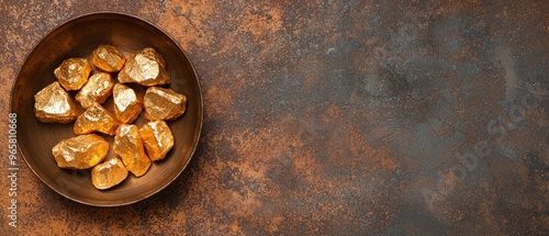 Gold nuggets spread on a textured rusty metal surface, with a gold pan in soft focus, representing the process of panning for gold and striking riches