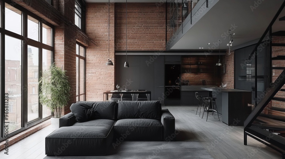 Urban Elegance in a Chic Loft, featuring exposed brick walls, minimalist furnishings, open spaces, and a blend of modern design with industrial charm, perfect for city life. Urban Elegance in a Chic Loft, featuring exposed brick walls, minimalist furnishings, open spaces, and a blend of modern design with industrial charm, perfect for city life.