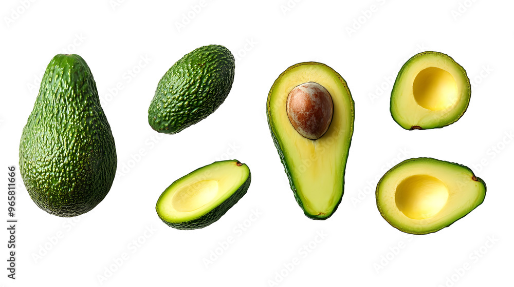 Six Whole and Halved Avocados Arranged on a Transparent Background for Easy Selection in Food Photography Six Whole and Halved Avocados Arranged on a Transparent Background for Easy Selection in Food Photography