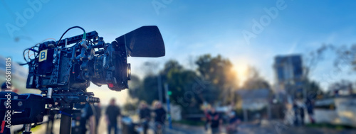 Wallpaper Mural Video camera on a movie set in a street. Panoramic view and copy space for film industry banner background Torontodigital.ca