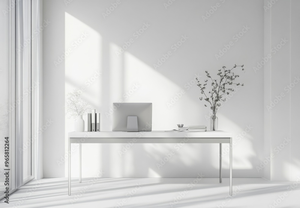 Fototapeta premium Minimalist office space with white walls, a sleek desk, and minimal decor to maintain focus and productivity