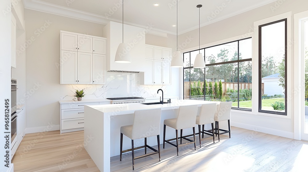 Elegant luxury kitchen featuring a spacious island, sleek cabinetry, and stylish seating, embodying contemporary design and sophisticated aesthetics. Elegant luxury kitchen featuring a spacious island, sleek cabinetry, and stylish seating, embodying contemporary design and sophisticated aesthetics.
