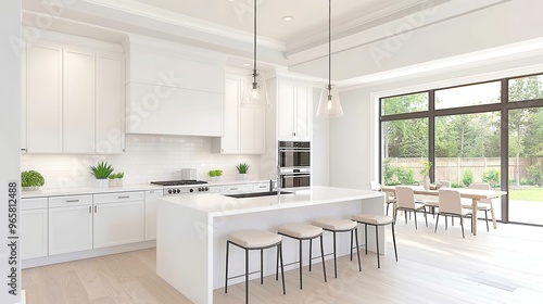 Elegant modern kitchen featuring a spacious island, stylish chairs, sleek cabinetry, and contemporary design elements, perfect for culinary creativity and social gatherings.