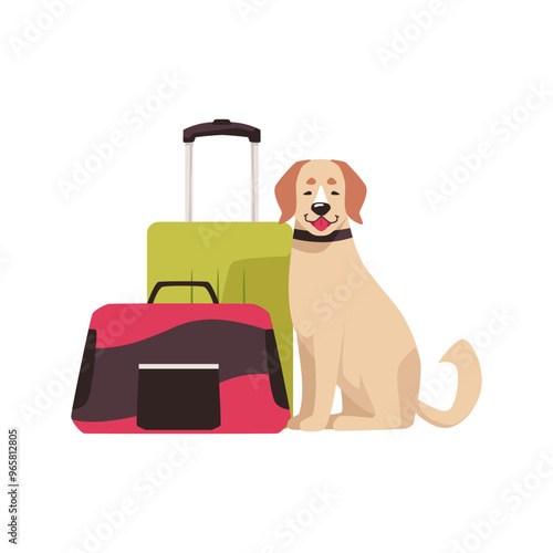 Vector illustration of a dog sitting next to a travel suitcase and a carrier bag.