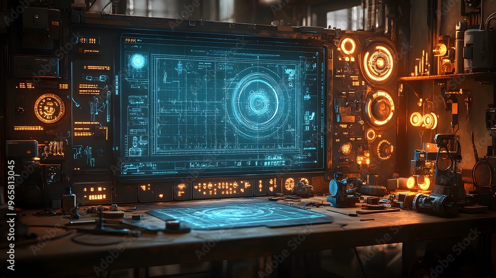Obraz premium Crafting table featuring an assortment of tools, equipment, and a blue blueprint, illuminated by warm light. 3D rendering highlights the organized nature of the workspace and the intricate details of