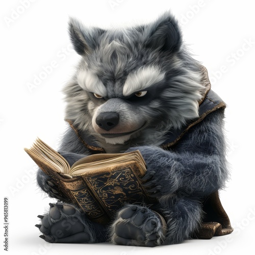 A whimsical cartoon wolf character reading an ancient book, showcasing a blend of humor and fantasy in a playful setting. photo