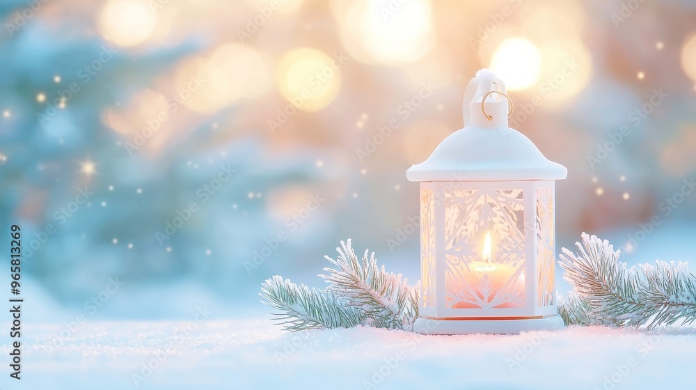 Festive Lantern Glowing on Snowy Landscape with Evergreen Branches, Capturing the Essence of Winter Celebrations and Holiday Cheer in a Sunlit Scene Festive Lantern Glowing on Snowy Landscape with Evergreen Branches, Capturing the Essence of Winter Celebrations and Holiday Cheer in a Sunlit Scene