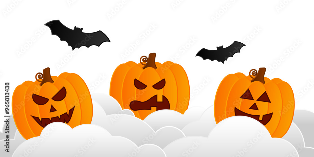 Vector illustration of Halloween pumpkins with bats in clouds on transparent background Vector illustration of Halloween pumpkins with bats in clouds on transparent background