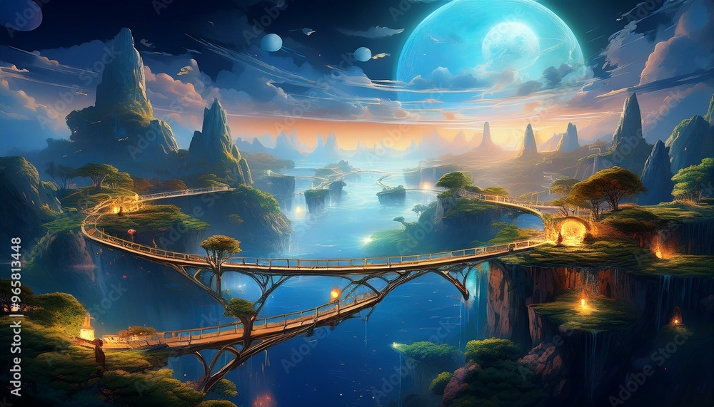 Fantasy landscape with floating islands connected by glowing bridges, Ethereal, Digital painting Fantasy landscape with floating islands connected by glowing bridges, Ethereal, Digital painting