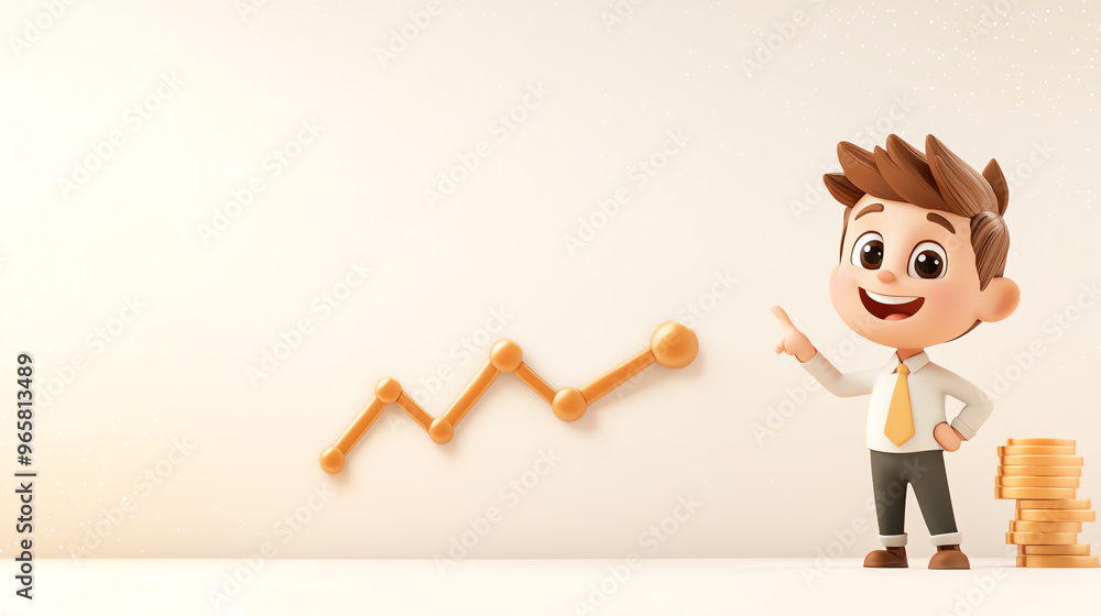A cheerful animated character presenting a rising graph, symbolizing growth and success in finance and business.